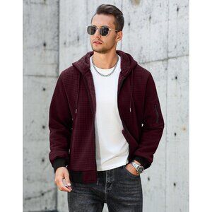 Mens Wine Red Zip Up Hoodie Sherpa Lined Heavyweight Fleece Sweatshirt